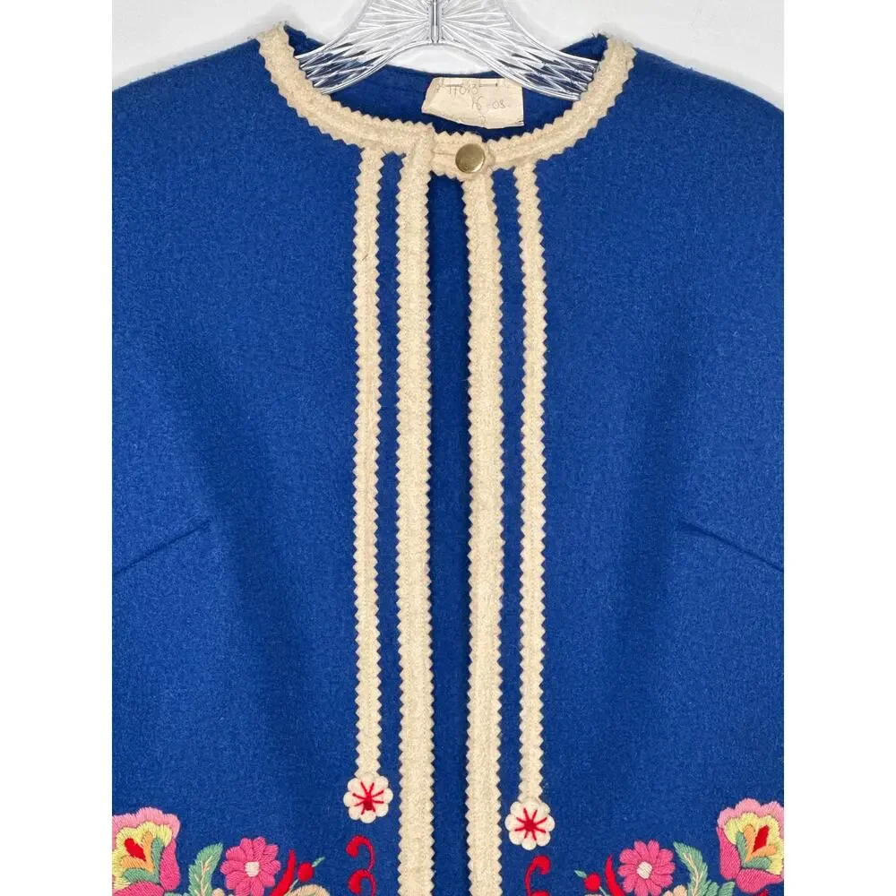 Vintage 70's Hungarian Folk Wool Vest Blue Embroidered Floral Trimmed medium